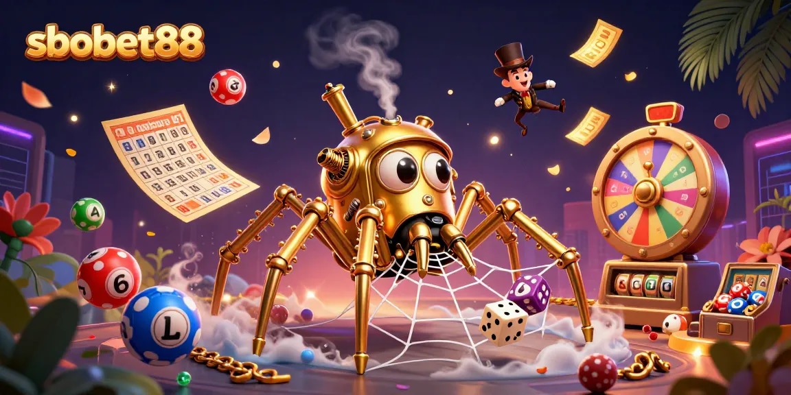 Engage in sbobet88 excitement with a steampunk spider and dynamic lottery elements.