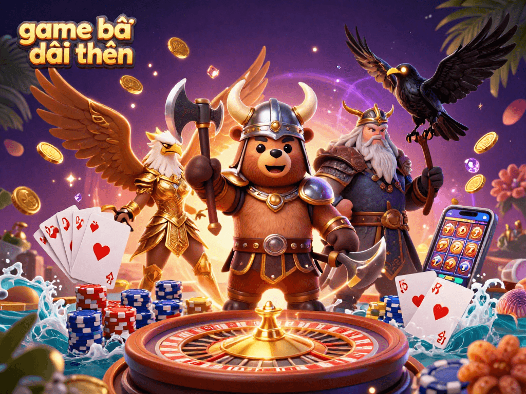 Play thrilling game bài đổi thưởng with a Viking bear, Valkyrie eagle, and dynamic casino elements.