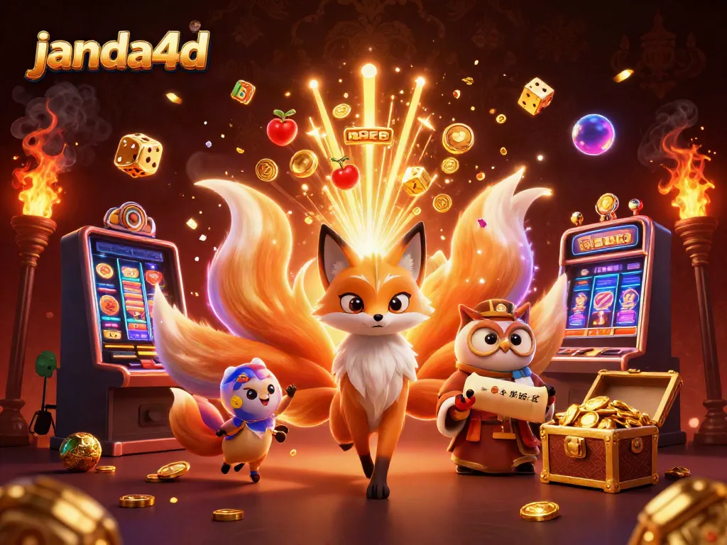 Permainan jackpot berwarna-warni di janda4d dengan karakter utama 3D yang penuh warna dan elemen kasino menarik.
