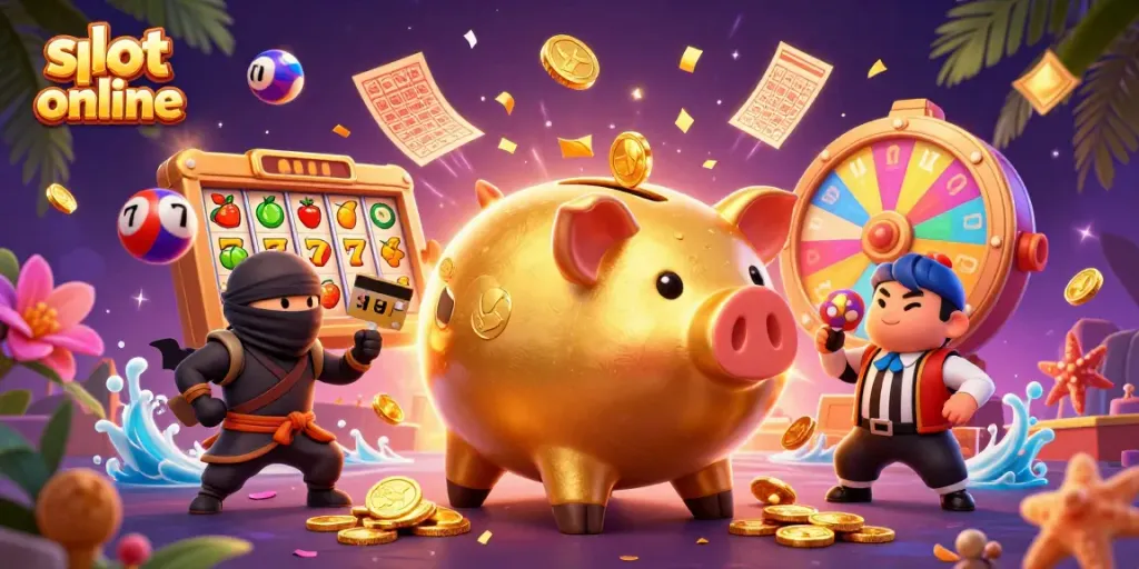 Experience thrilling gameplay in slot online with golden piggy bank sumo wrestler, ninja, and samurai in a vibrant casino scene.