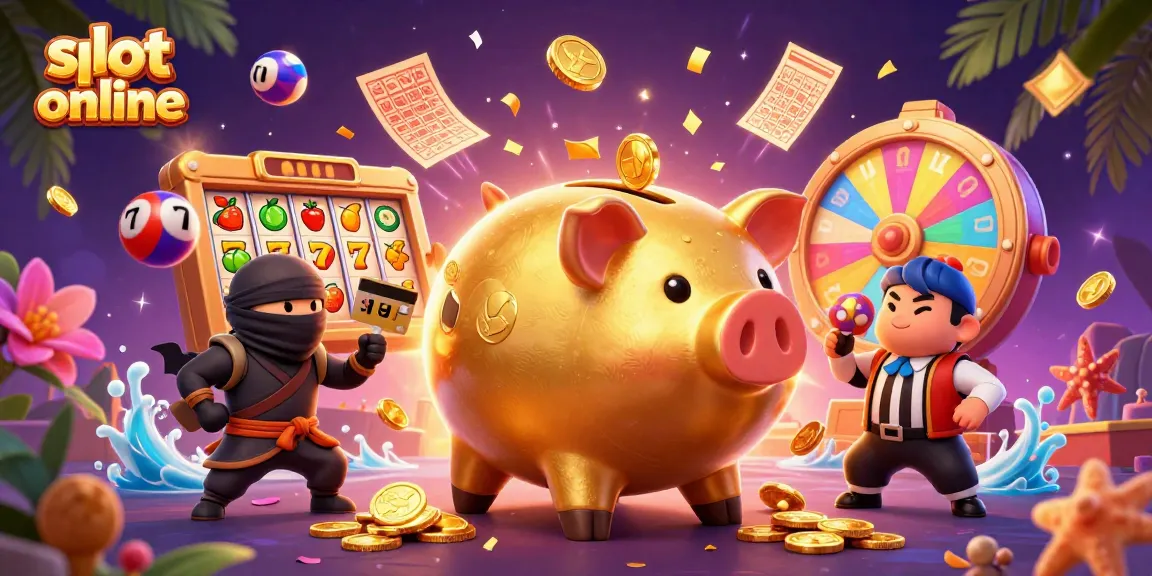 Experience thrilling gameplay in slot online with golden piggy bank sumo wrestler, ninja, and samurai in a vibrant casino scene.