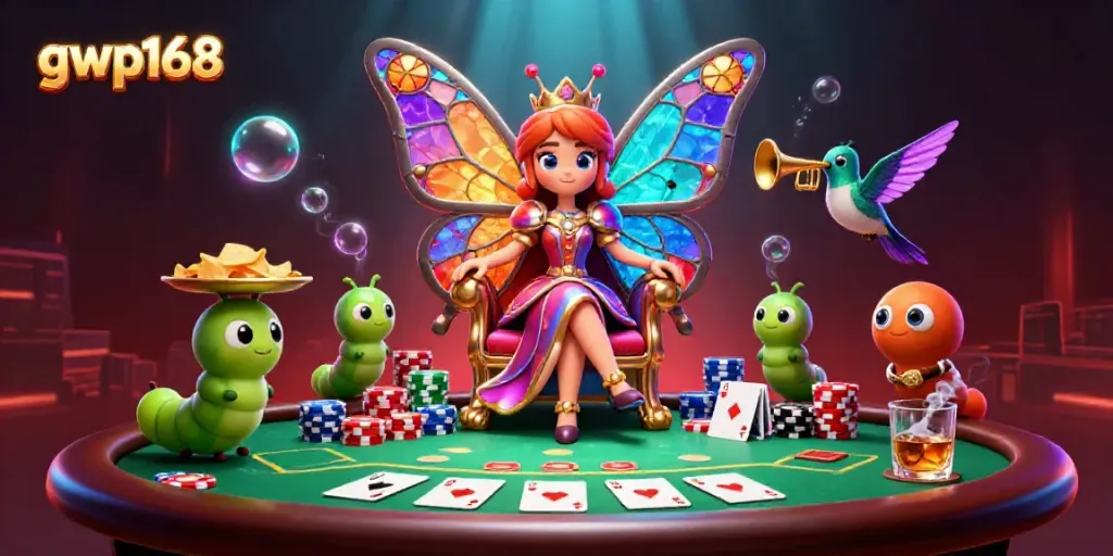 GWP168 menghadirkan ilustrasi kasino yang penuh warna, menampilkan ratu kupu-kupu dengan elemen poker mengelilinginya.