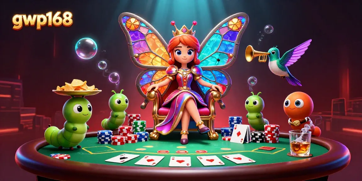 GWP168 menghadirkan ilustrasi kasino yang penuh warna, menampilkan ratu kupu-kupu dengan elemen poker mengelilinginya.