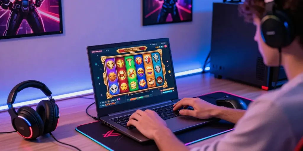 Engaging user plays slot88, surrounded by gaming gear in a colorful setup.