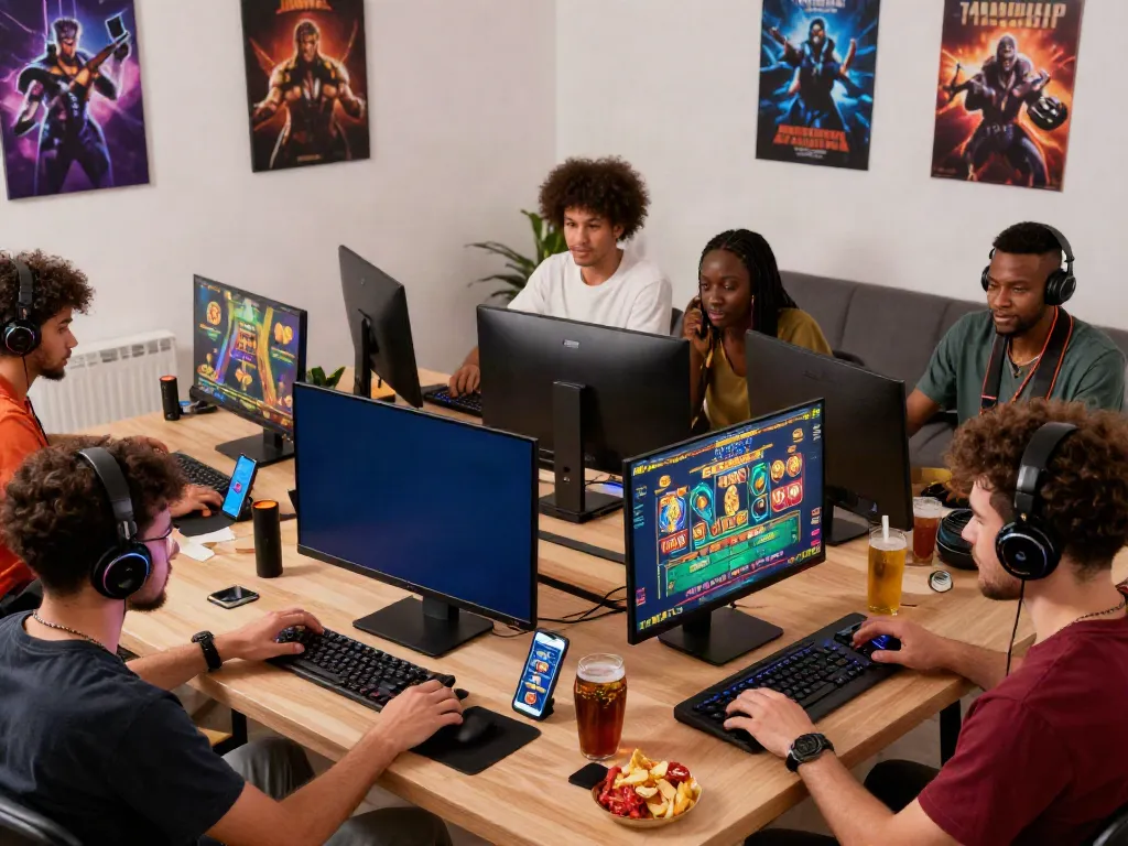 Players engaging in various casino games on computers and mobile devices in a vibrant home gaming setup showcasing A80's online casino experience.