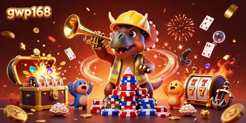 GWP168 melibatkan triceratops membangun tumpukan chip poker dengan slot dan perayaan.