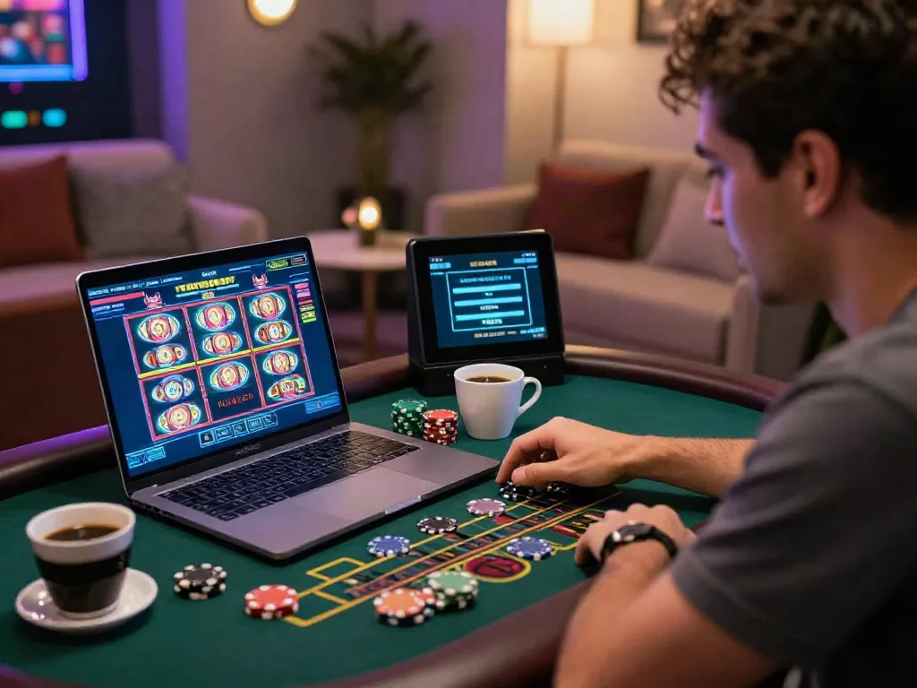 Player engaging with akunjp online casino games on laptop with vibrant graphics.