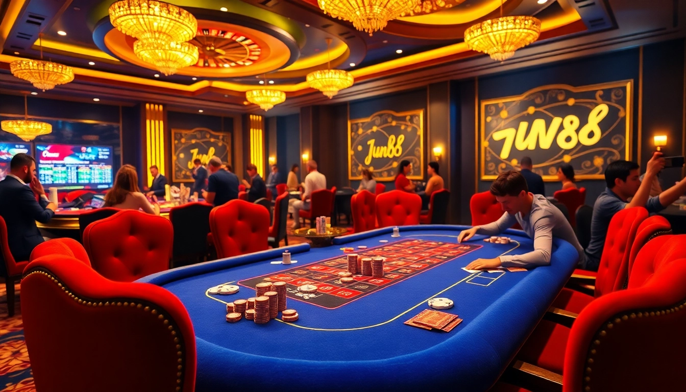 Experience the thrill of baccarat at Jun88's luxurious casino, with vibrant tables and exciting gameplay.