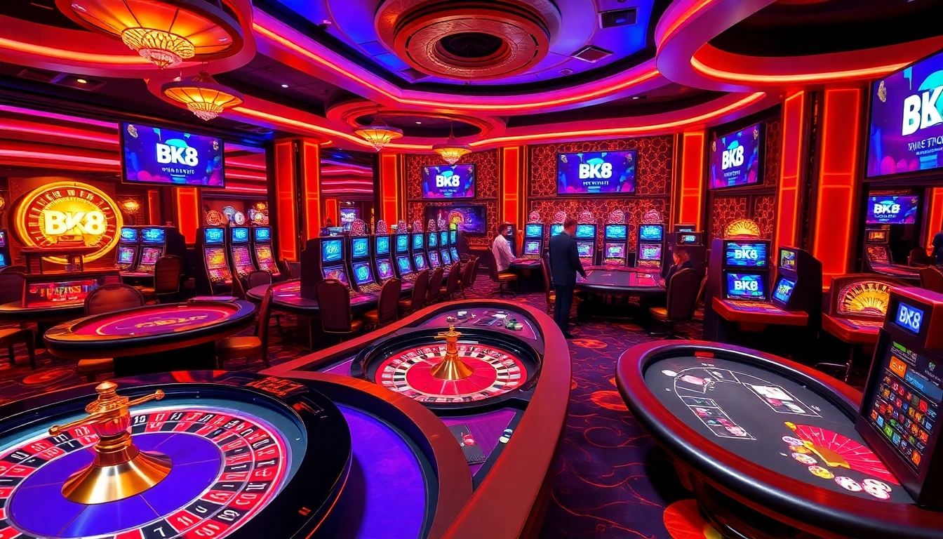 Exciting casino atmosphere with players enjoying BK8 เว็บตรง gaming tables and dynamic slot machines.