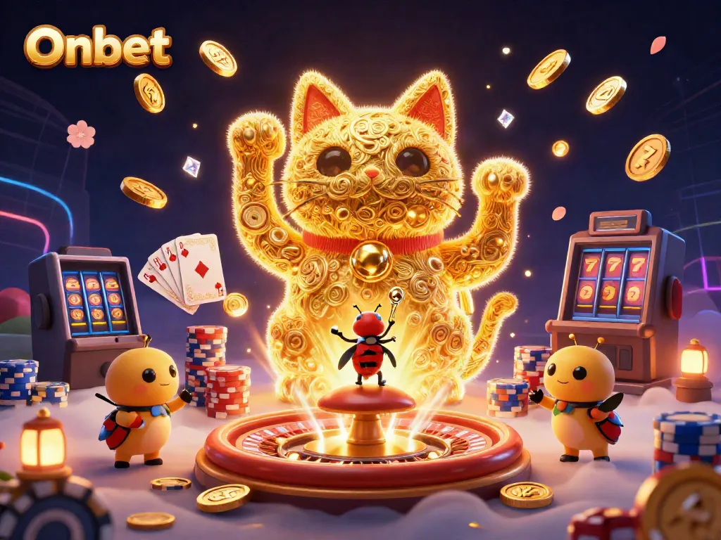 Experience the excitement of Onbet with a giant glowing lucky cat, golden fireflies, and vibrant casino elements.