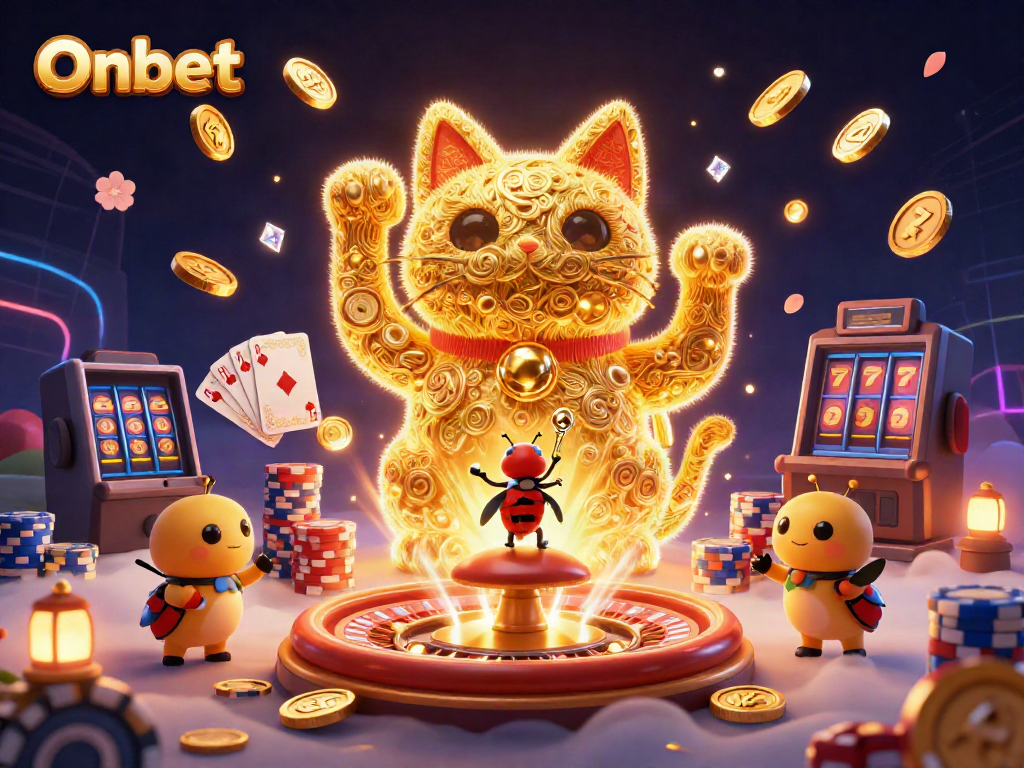 Experience the excitement of Onbet with a giant glowing lucky cat, golden fireflies, and vibrant casino elements.