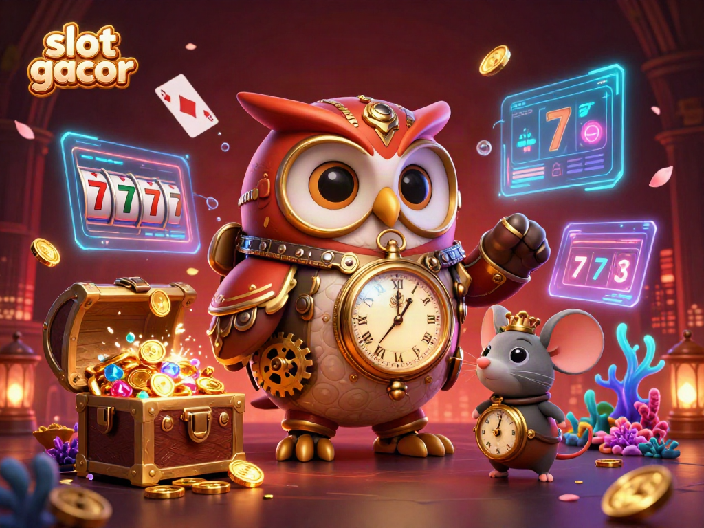 Engage with the slot gacor world through a vibrant 3D illustration featuring a steampunk owl amidst casino elements.