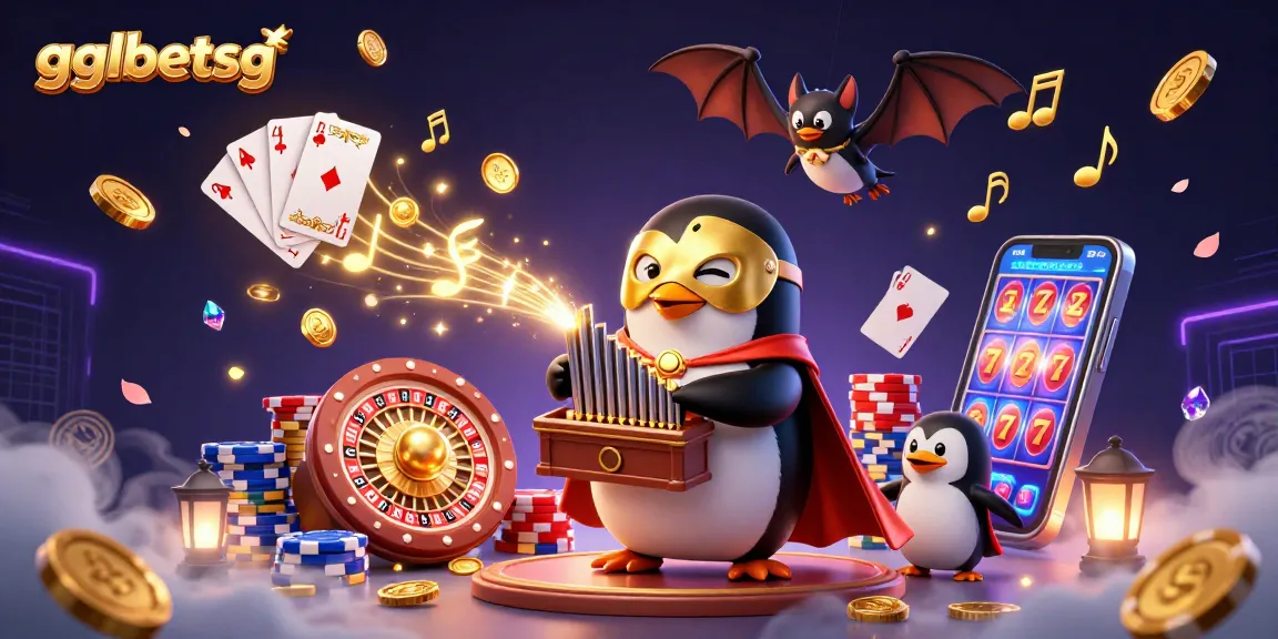 gglbetsg penguin plays organ, shooting coins in a lively esports betting illustration.