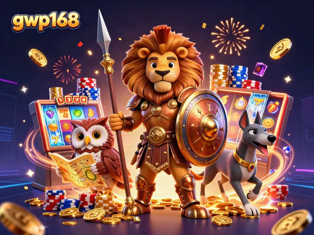 Menggambarkan karakter lion Spartan, owl, dan greyhound dalam suasana kasino, simbol kemenangan gwp168 mengalir di sekitarnya.