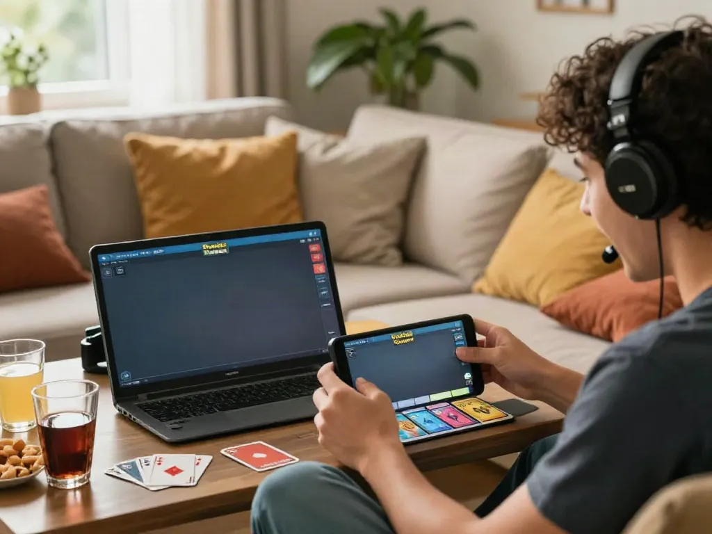 Player enjoying the Rumble Rummy app on a smartphone in a cozy setting with vibrant indoor plants.