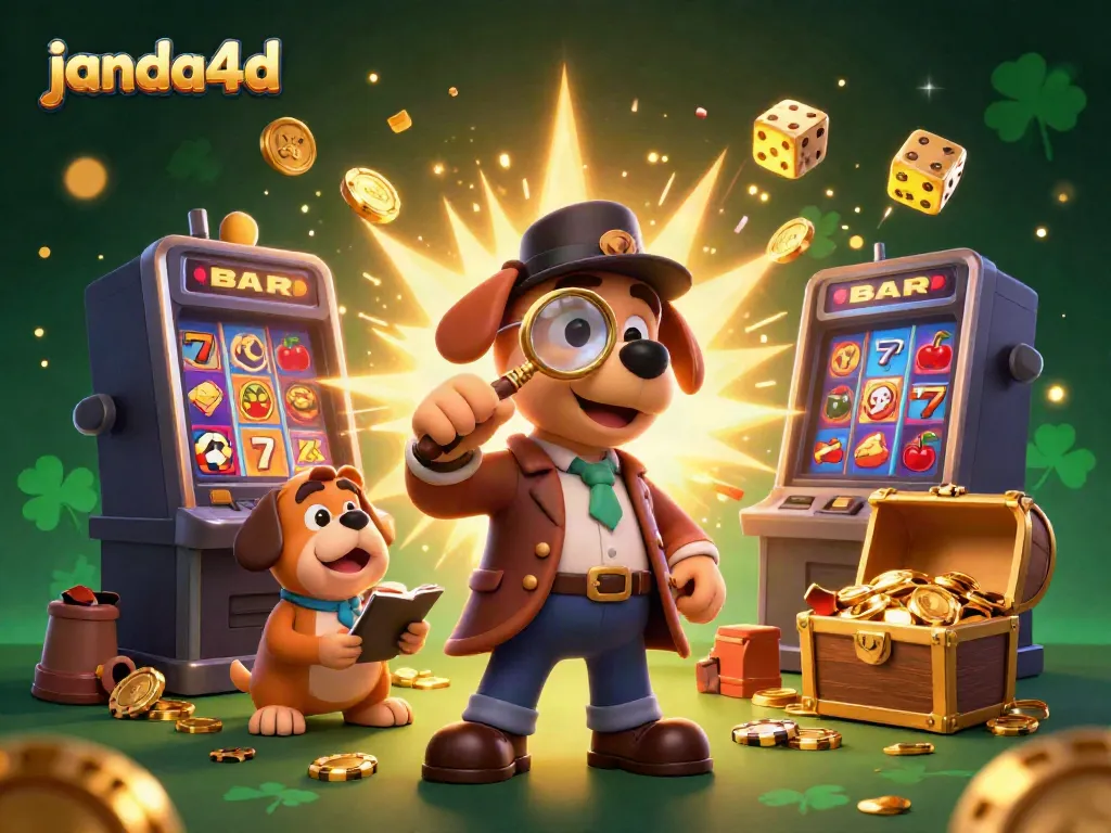 Menangkan jackpot di janda4d dengan ilustrasi karakter detektif 3D mencari petunjuk poker.