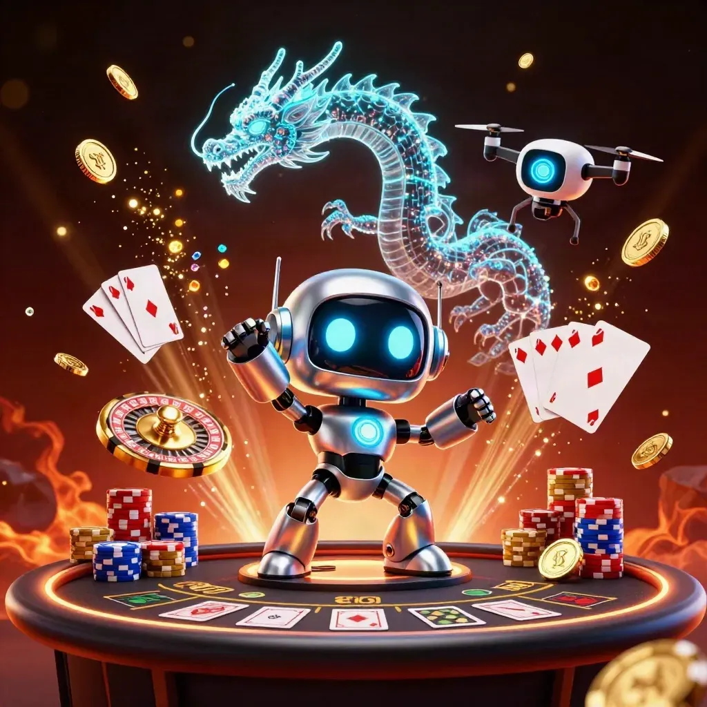 Cyberpunk robot, holographic dragon, and coin drone erupt in gold over a casino table.