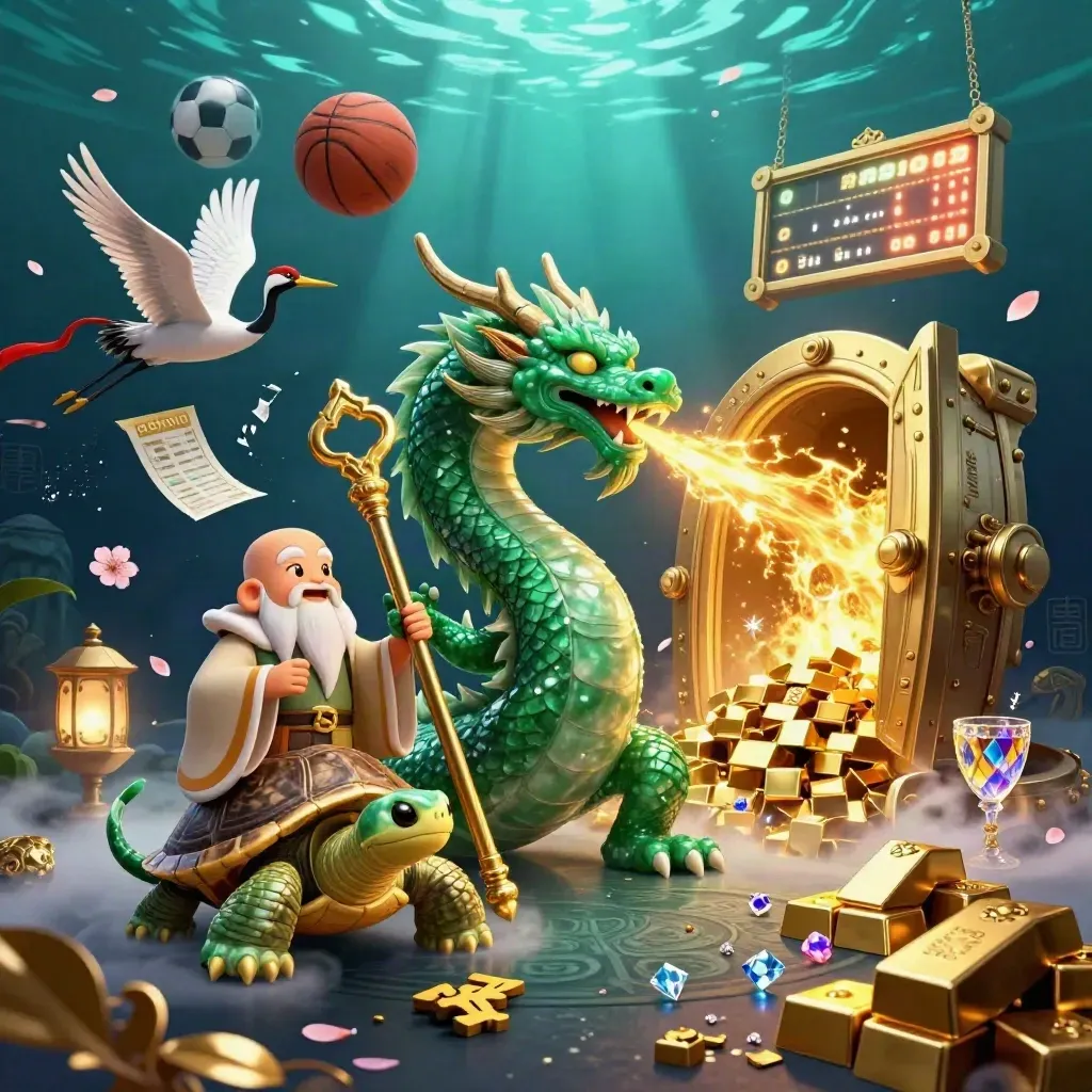 Emerald dragon, wise turtle and cranes amid gold, balls and vault light in a neon casino fantasy.