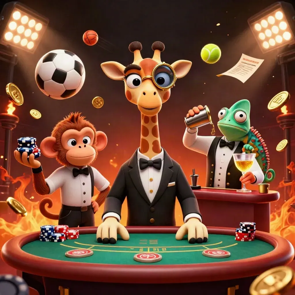 Cartoon giraffe, monkey and chameleon amid flying sports balls, gold coins and casino lights.