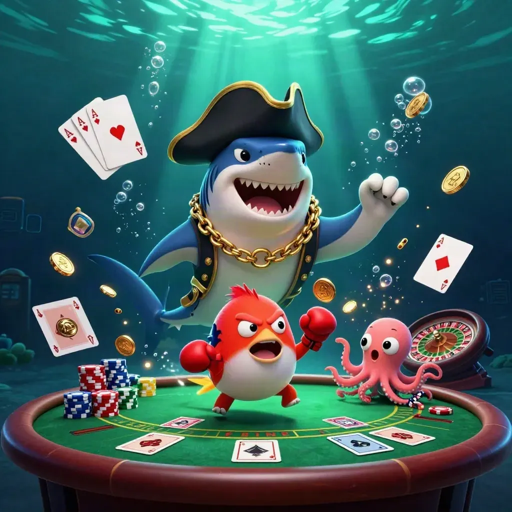 Pirate shark, boxing pufferfish and coin-juggling octopus in a glowing underwater casino scene.