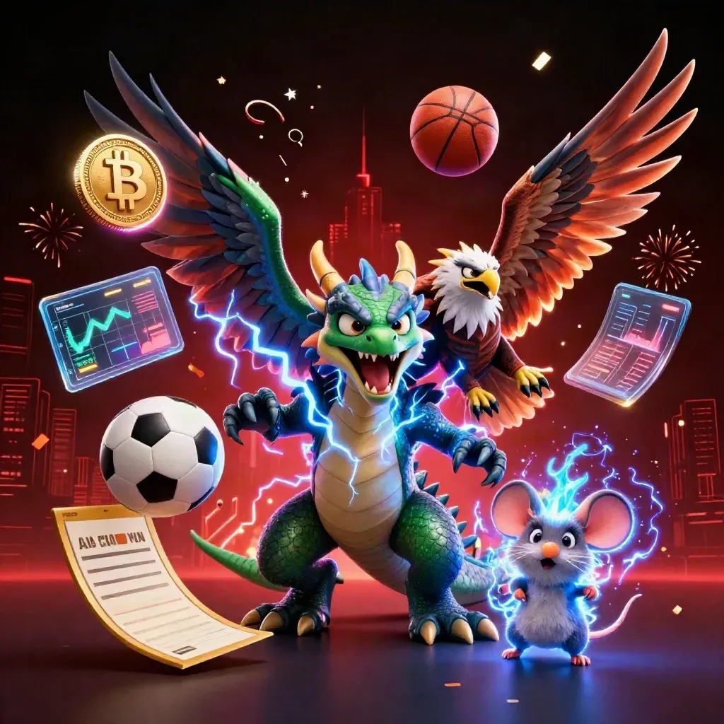 Thunder dragon, wind hawk, and static mouse amid balls, coins, lightning, and dark red glow.