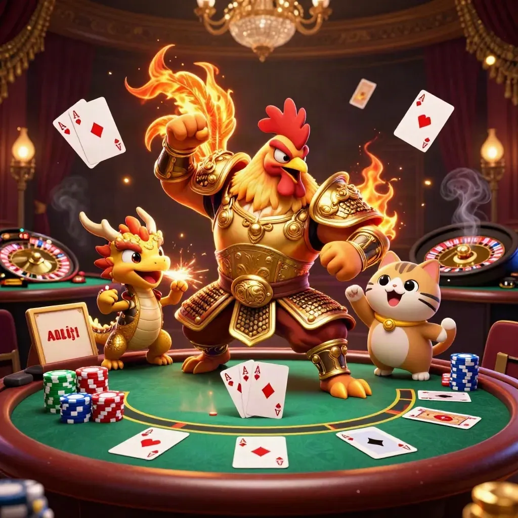 Rooster warrior, dragon hatchling, and fortune-cat in a luxe casino battle scene