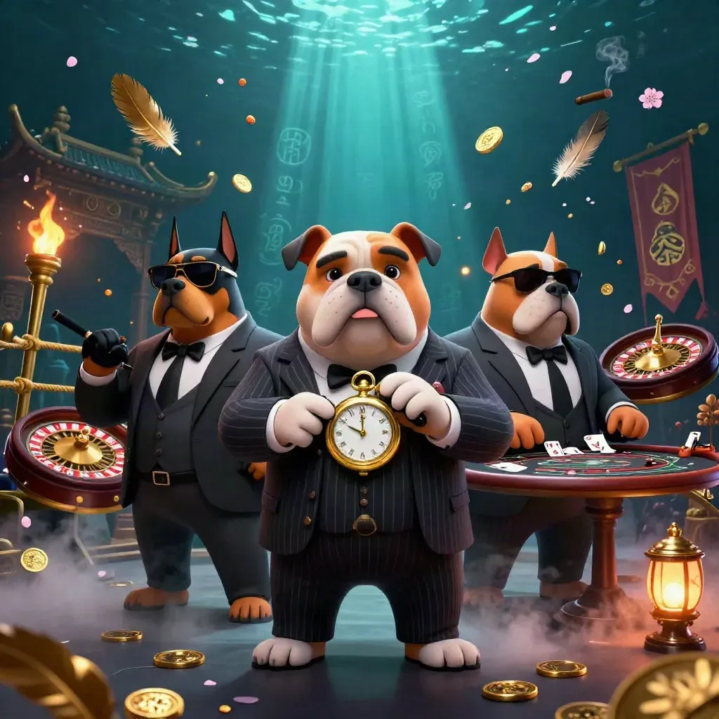 Bulldog boss with two Dobermans in a luxe casino fantasy scene with gold and teal lighting
