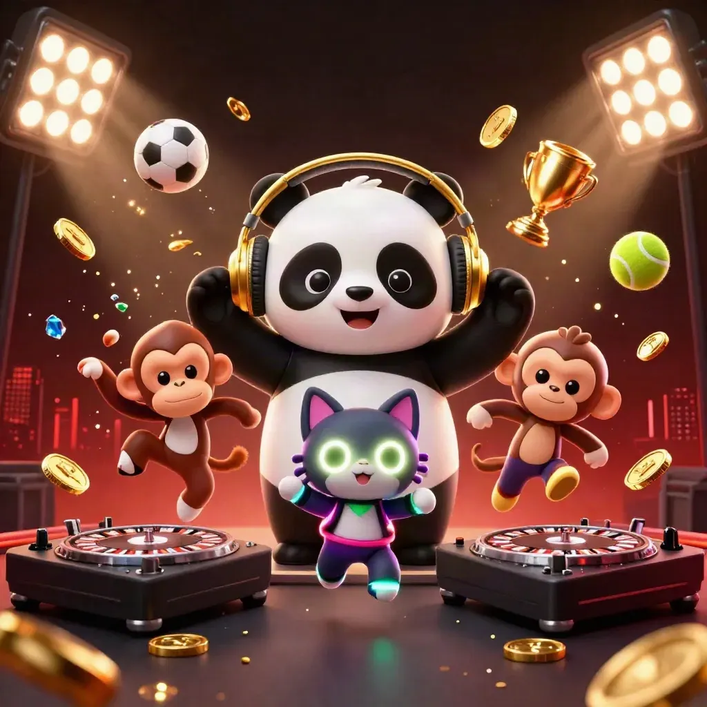 DJ panda, breakdancing monkey, and glow-stick kitten in a gold casino frenzy with flying balls and coins