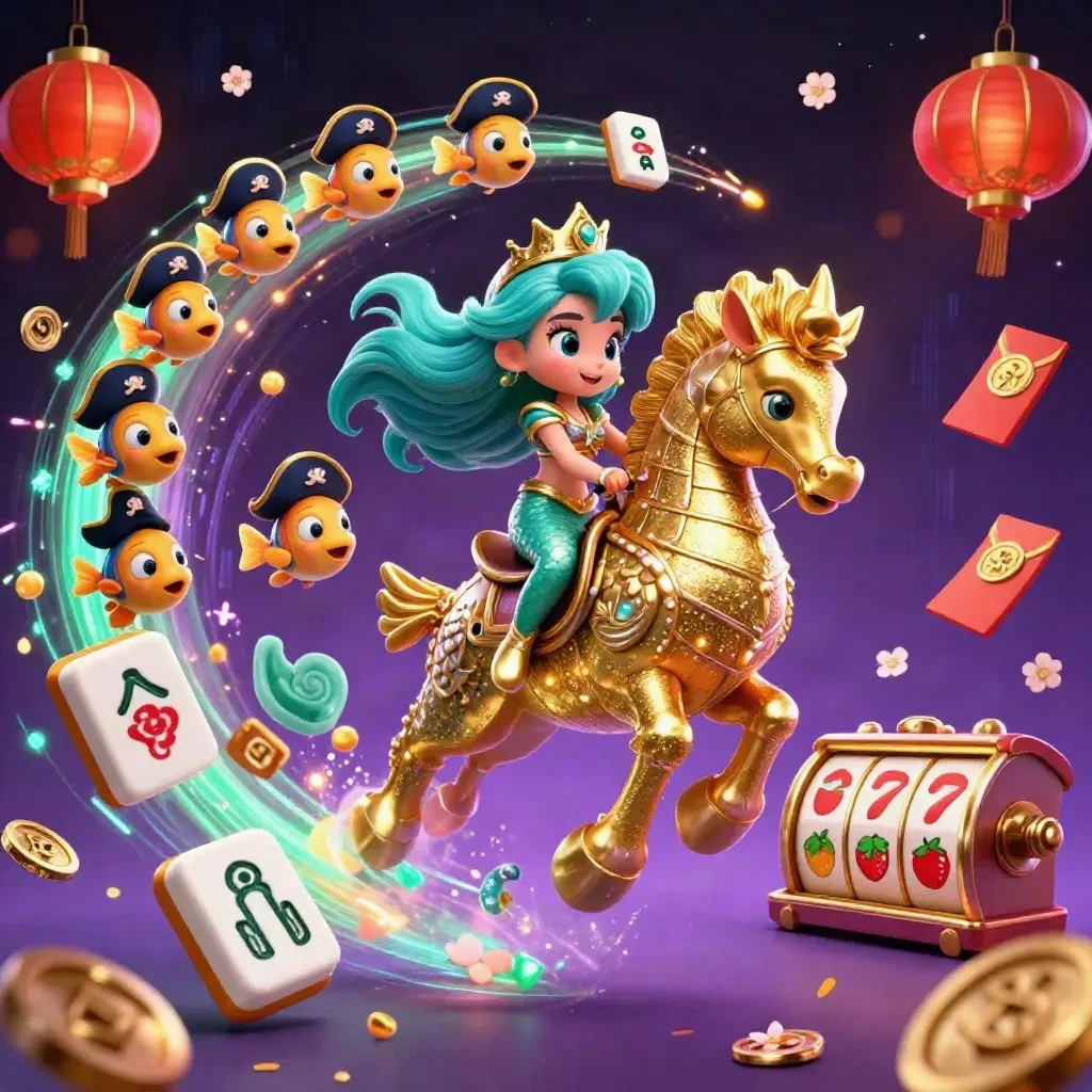 Mermaid princess on armored seahorse with pirate fish, treasure, neon energy, and casino tiles