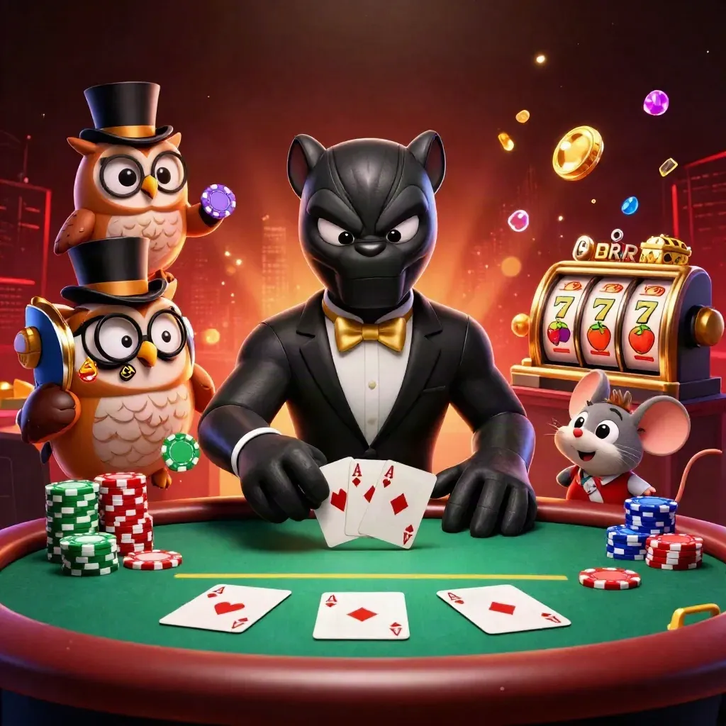 Panther, owl, and mouse deal cards amid chips, reels, and golden casino light.