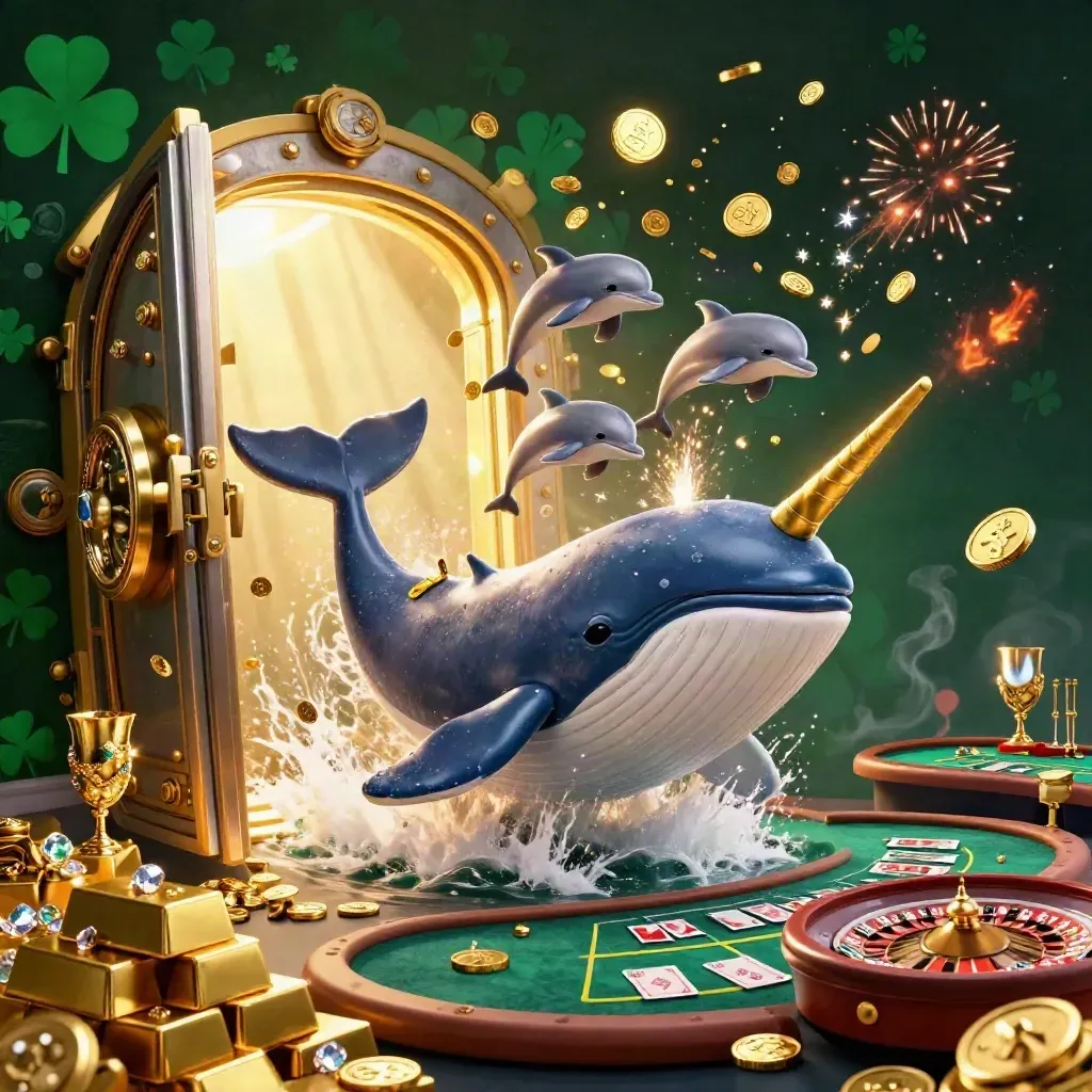 Whale captain, narwhal, and dolphins burst from coins beside a glowing vault and casino table