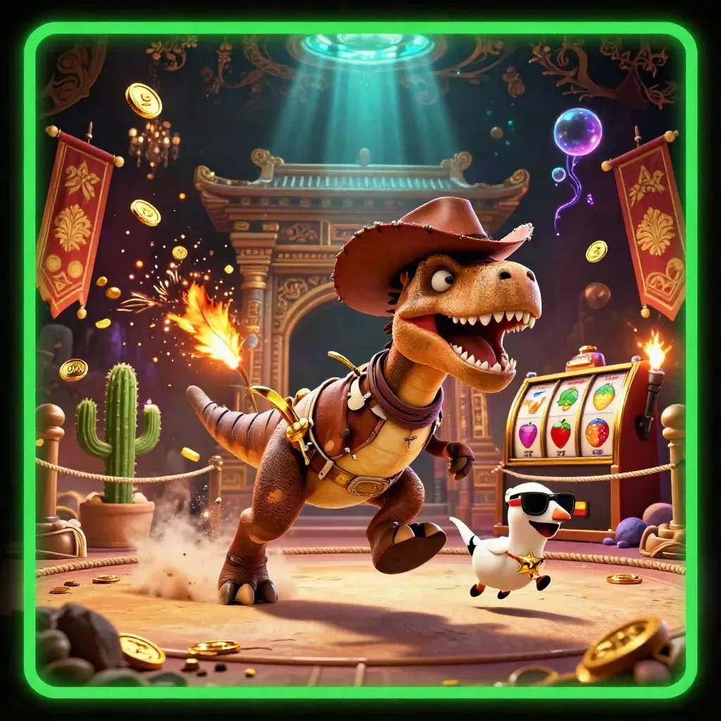 Cowboy T-Rex, cactus, and roadrunner burst through a luxe casino scene with gold coins and neon glow