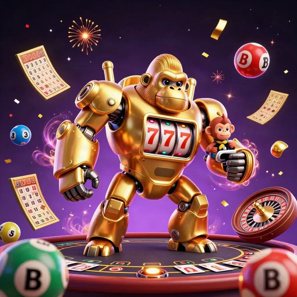 Golden gorilla mech with monkey pilot, lottery balls, wheels, cards, fireworks on a purple casino backdrop