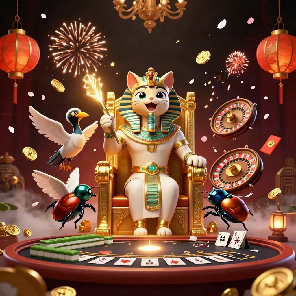 Pharaoh cat, ibis scribe, and gem-wing scarabs amid coins, fireworks, and casino treasures
