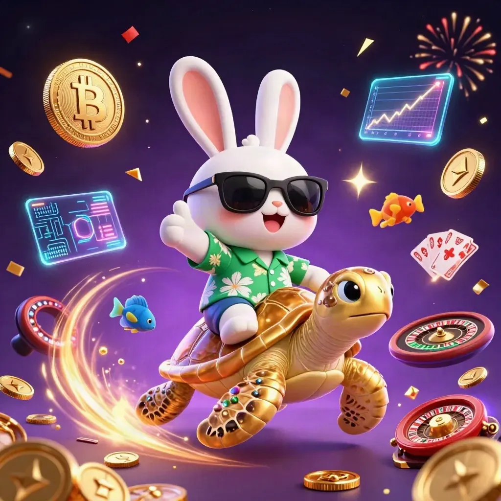 Lucky rabbit rides a jeweled turtle amid gold coins, cards, crypto coins, fireworks, and casino lights.