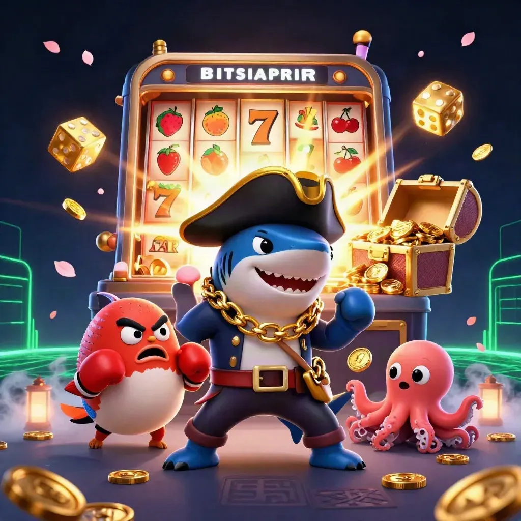 Shark pirate, boxing pufferfish, and octopus amid exploding slot reels and gold in a neon casino scene.