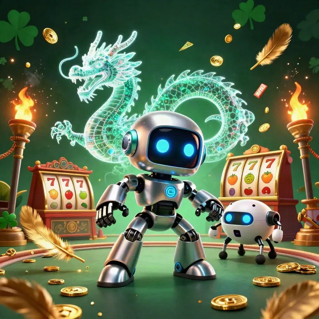 Cyberpunk robot, holographic dragon, and coin drone in a luxe casino battle scene.