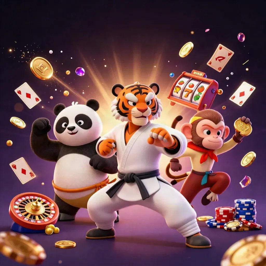 Kung-fu tiger, panda, and monkey amid casino coins, cards, chips, and glowing reels.