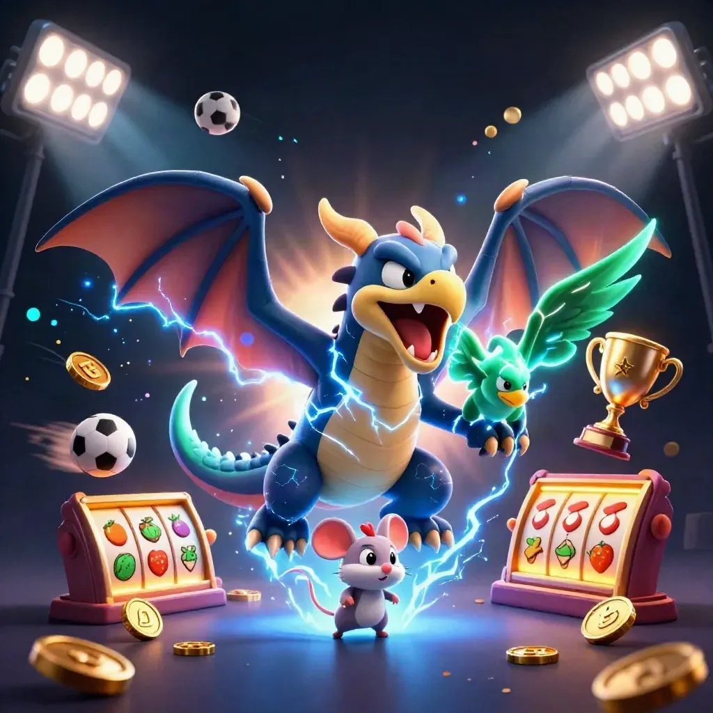 Thunder dragon, hawk, and mouse burst through casino lights with coins, reels, and trophy.