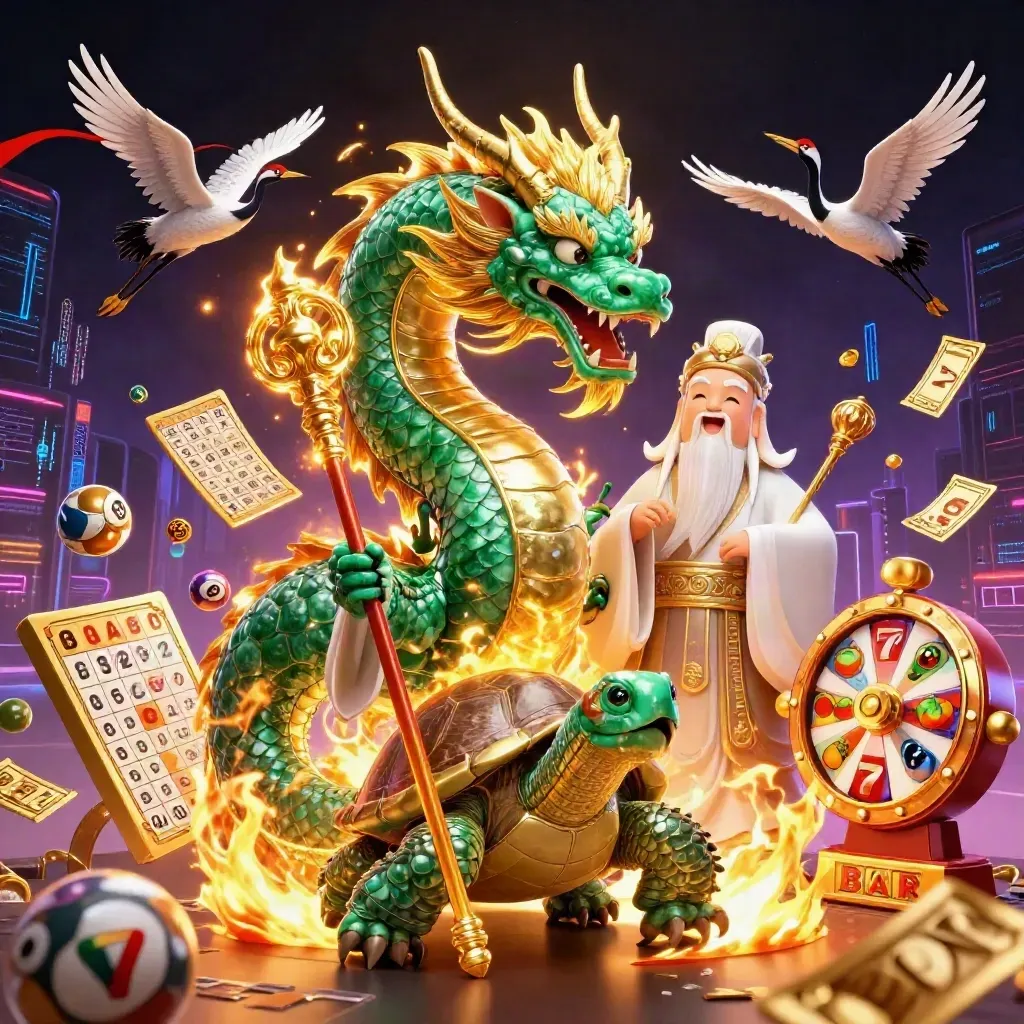 Emerald dragon, turtle sage, and cranes amid gold fire, casino reels, and neon streaks.