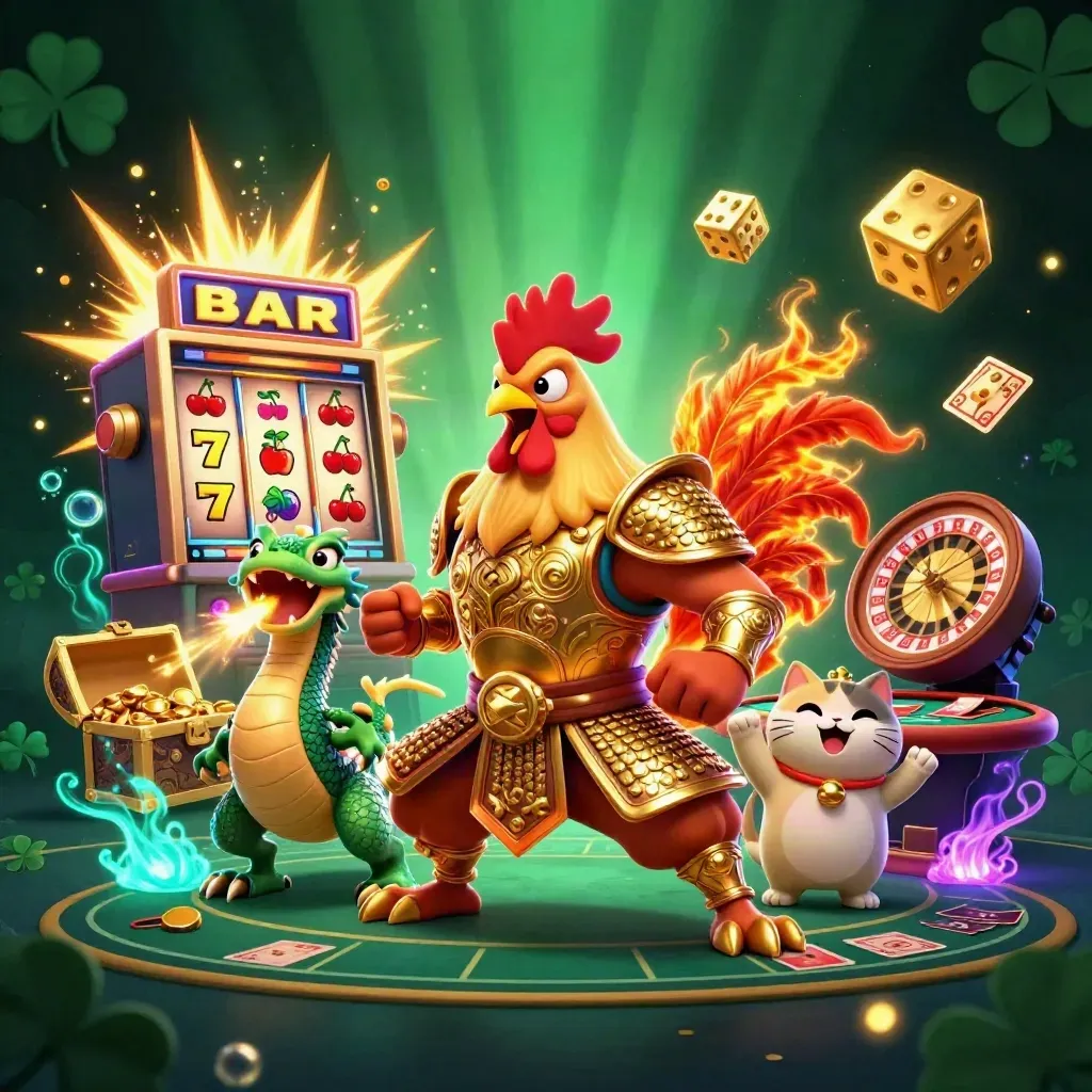 Rooster warrior, dragon hatchling and fortune cat amid casino gold, sparks and slot-machine rays