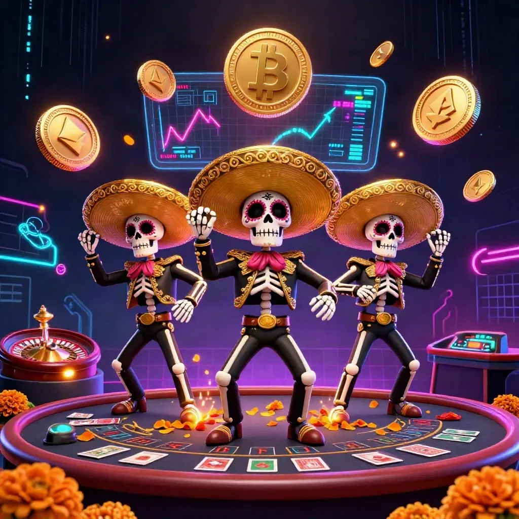 Skeleton mariachi trio amid neon casino coins, roulette wheel, and blackjack table