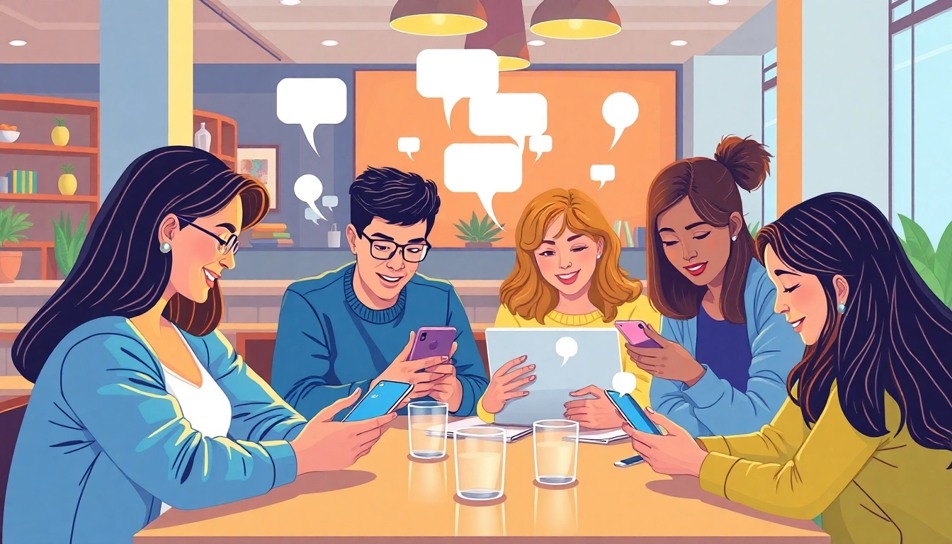 Users engaging with Crushon AI in a modern café, showcasing digital interaction and community.
