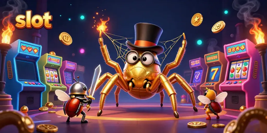 Engage in the dynamic slot scene featuring a giant golden tarantula and beetle knight amidst arcade-inspired elements.
