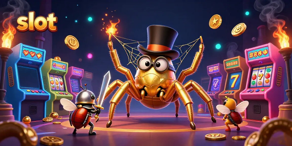 Engage in the dynamic slot scene featuring a giant golden tarantula and beetle knight amidst arcade-inspired elements.