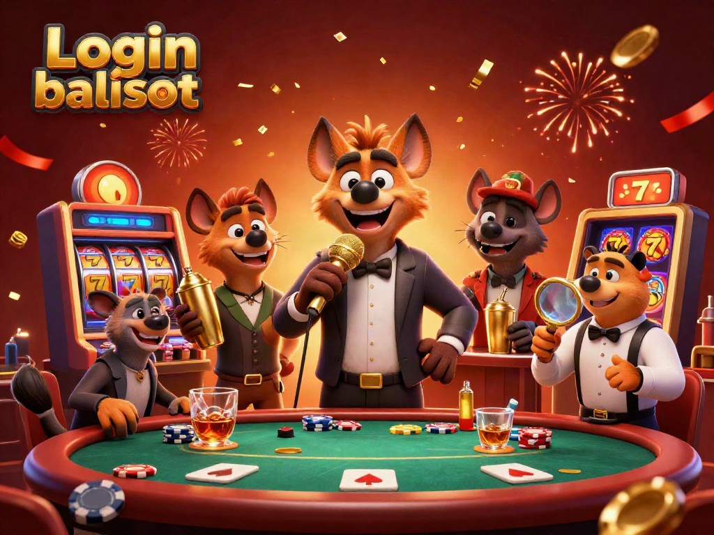 Hyenas entertain at a casino scene in a vibrant illustration promoting Login balislot.