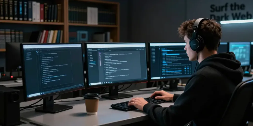 Person exploring the hidden wiki on multiple screens in a darkened room.
