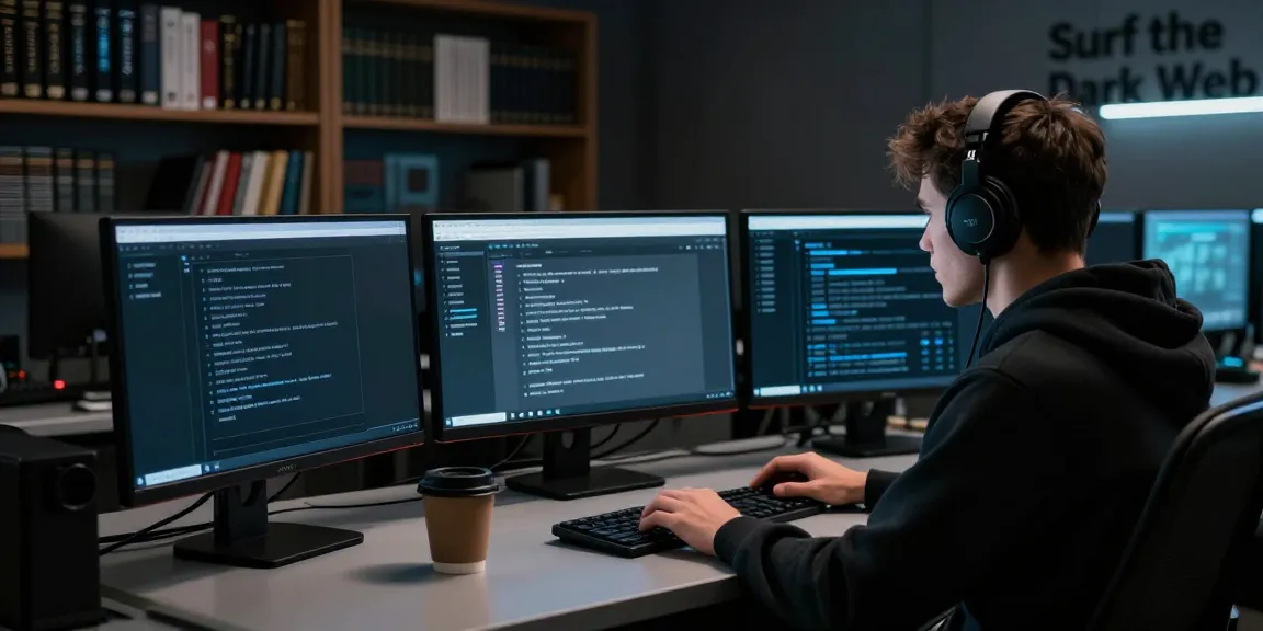 Person exploring the hidden wiki on multiple screens in a darkened room.