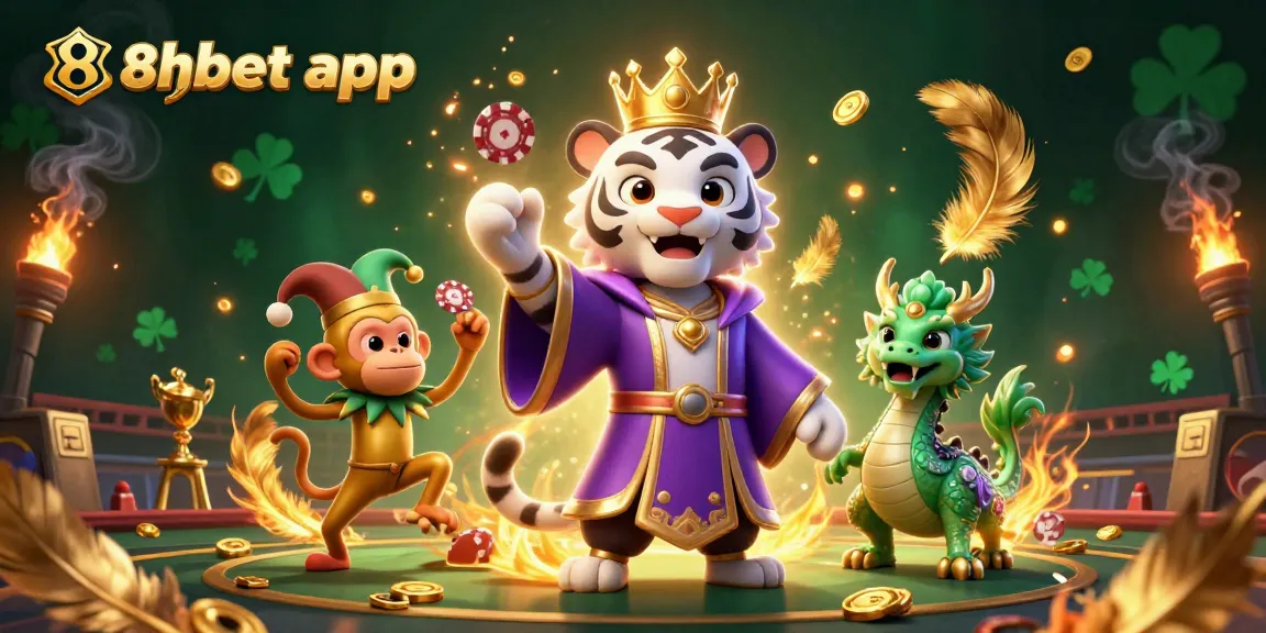 Experience dynamic betting excitement with the 8xbet app featuring playful characters in a vibrant casino scene.