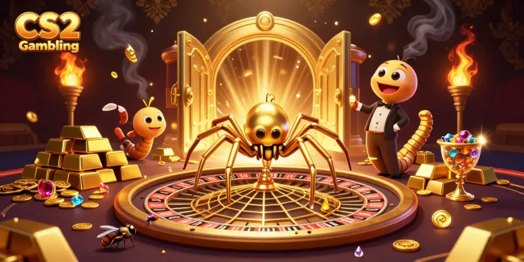 Experience CS2 Gambling with a 3D spider croupier at a roulette web, surrounded by treasure.